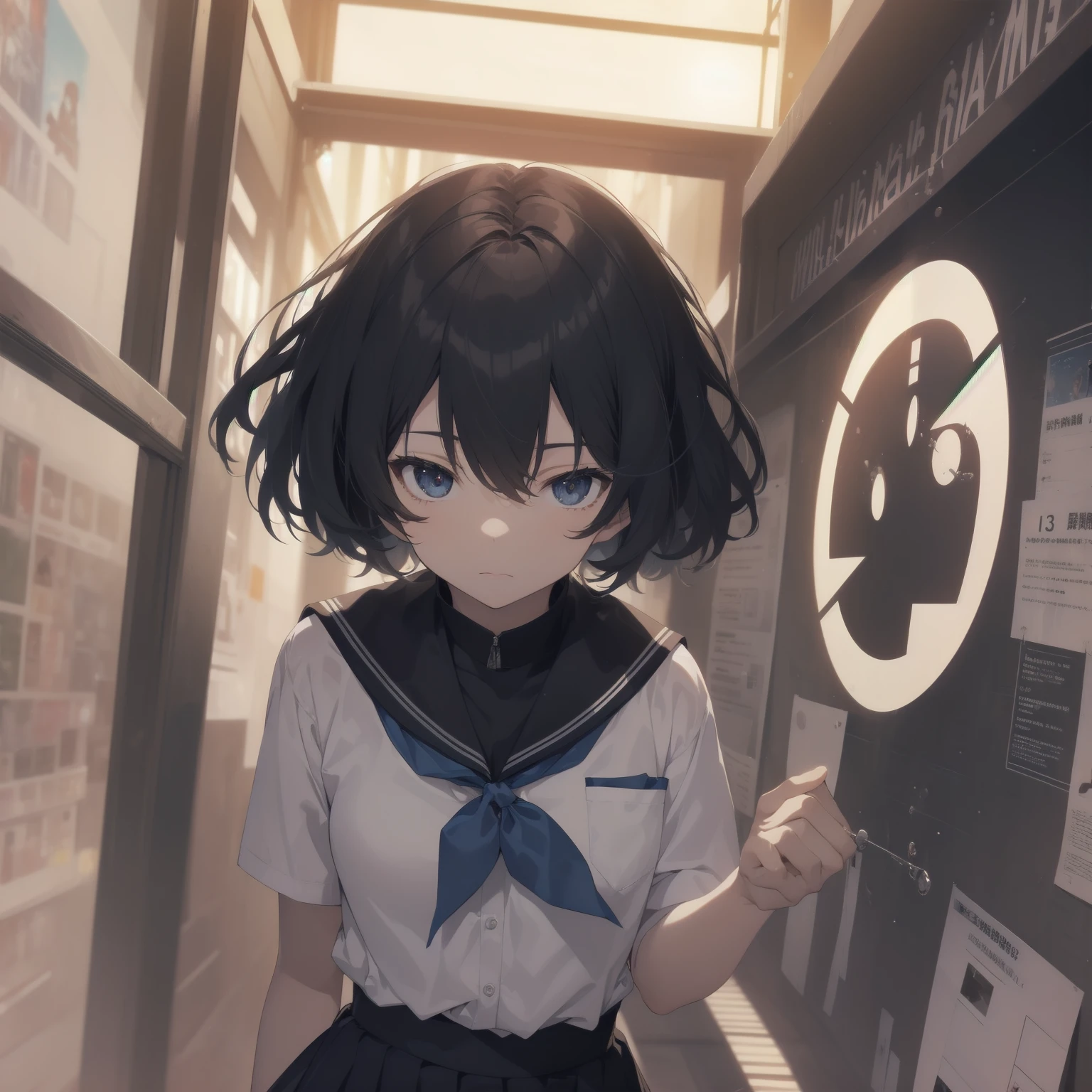 ultra-absurdres-Top quality by artist God, ultra-detailed, high resolution, anime moe artstyle, best anime 8k konachan wallpaper, pixiv contest winner, pool:2810, perfect anatomy,break, 1girl, (Please draw a girl walking sleepily to school alone. )break,(Solo,little female, 13-year-old:1.3),Full limbs, complete fingers,a junior high school student, (very short hair), short cut, flat chest, , small butt, small black eyes, beautiful detailed eyes, well-proportioned iris and pupils, expressive eyes, highres detailed hair, soft expression, salor school_uniform, sailor collar, serahuku, bow, pleated skirt,(Detailed Lighting), (Detailed background), in the School commute route. break,super detailed skin, Best cinematic lighting powered by famous artist, 8k,beauty illustration,photoshop_(medium),very aesthetic,break,((artist:kitsunerider )), artist:clamp ,artist:carnelian ,artist:kantoku ,