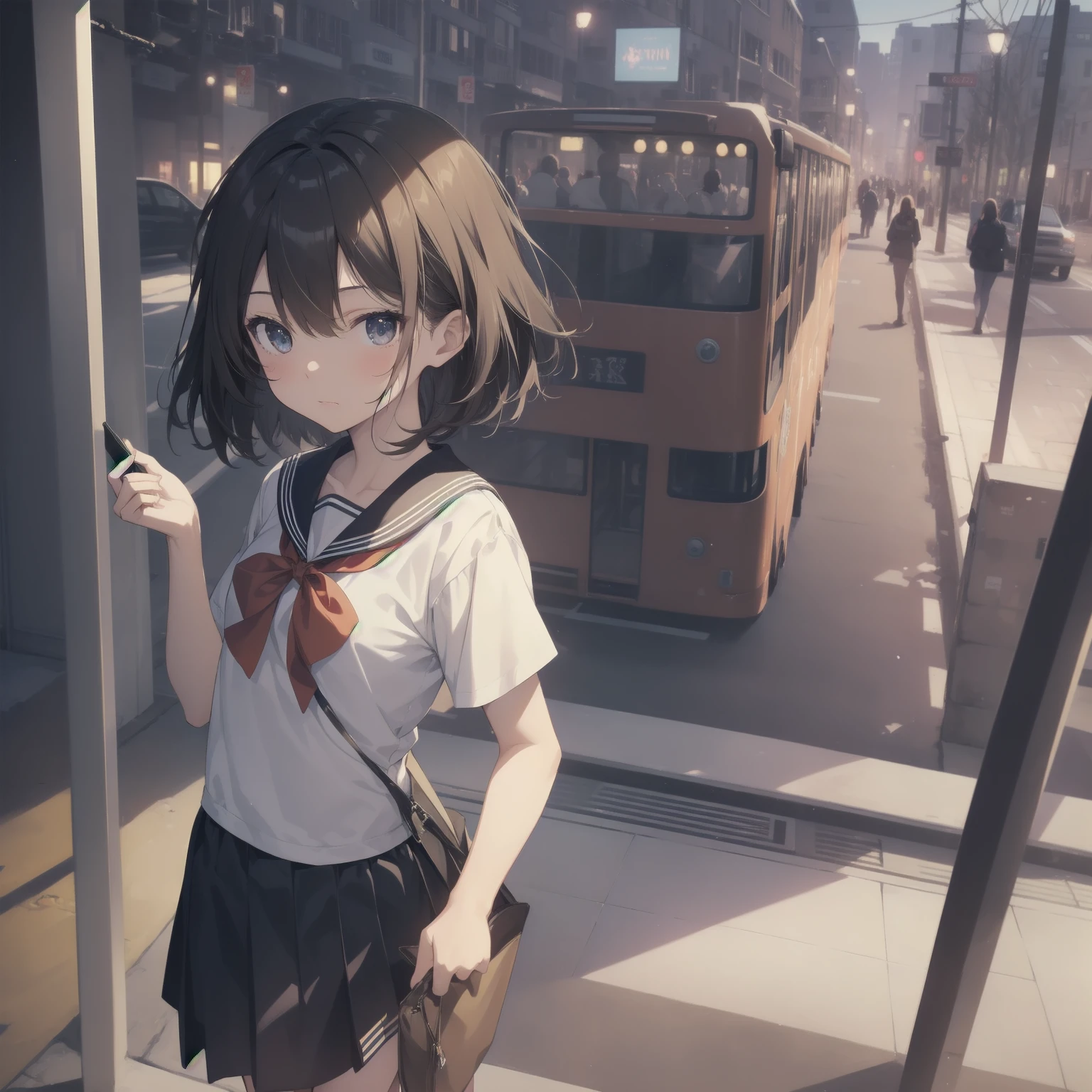 ultra-absurdres-Top quality by artist God, ultra-detailed, high resolution, anime moe artstyle, best anime 8k konachan wallpaper, pixiv contest winner, pool:2810, perfect anatomy,break, 1girl, (Please draw a girl walking sleepily to school alone. )break,(Solo,little female, 13-year-old:1.3),Full limbs, complete fingers,a junior high school student, (very short hair), short cut, flat chest, , small butt, small black eyes, beautiful detailed eyes, well-proportioned iris and pupils, expressive eyes, highres detailed hair, soft expression, salor school_uniform, sailor collar, serahuku, bow, pleated skirt,(Detailed Lighting), (Detailed background), in the School commute route. break,super detailed skin, Best cinematic lighting powered by famous artist, 8k,beauty illustration,photoshop_(medium),very aesthetic,break,((artist:kitsunerider )), artist:clamp ,artist:carnelian ,artist:kantoku ,