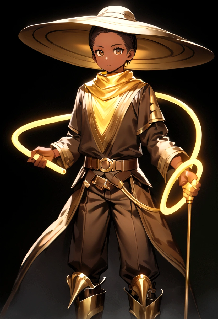 Create a high-resolution, cinematic-quality image with a black background and neon-like smoky lights in gold, dark blue, and silver. The central figure is a robust cowboy with Brazilian indigenous features and tan to reddish skin, standing and looking directly at the viewer. He is shown full-body, wearing a long-sleeved brown shirt, brown leather pants, brown boots with spurs, a wide-brimmed brown hat, a golden scarf, and a wide belt with a large golden buckle. He holds a golden lasso in his right hand, which is extended forward towards the camera.
