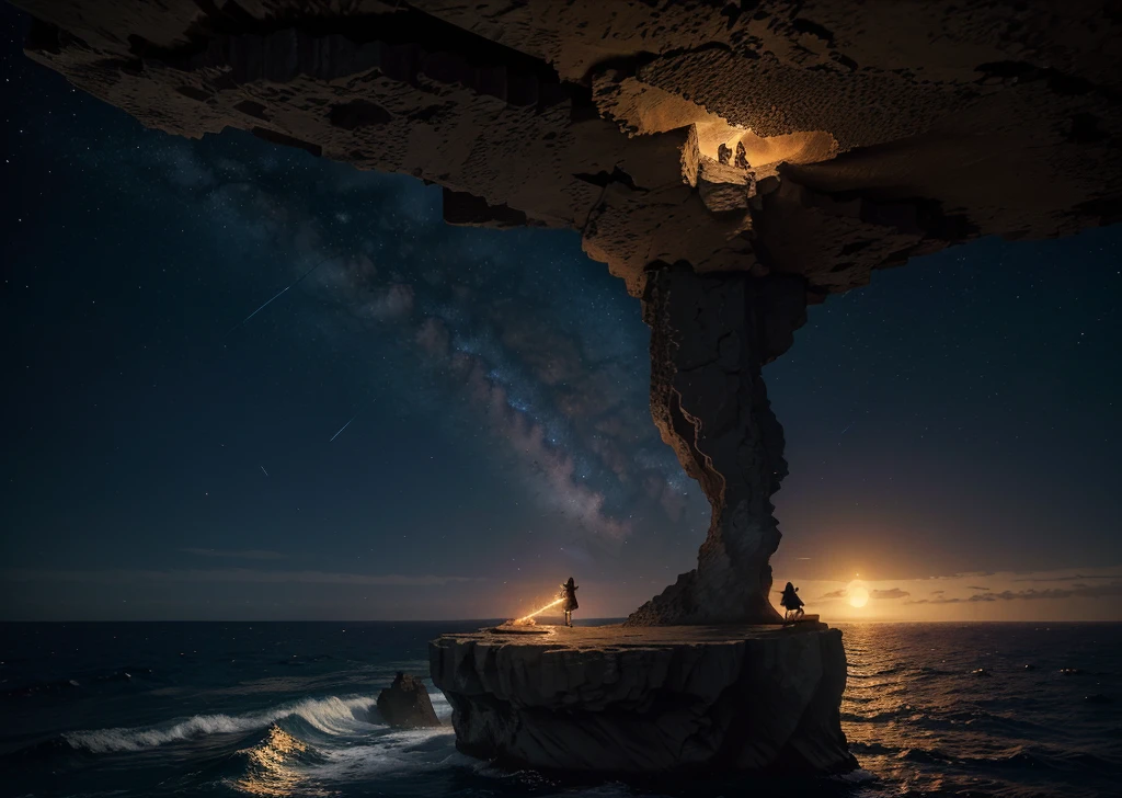 Hyperrealistic 8k high detail 3d art, fantasy setting, high cliff, amoky incense, bonfire, drumbeats, a wolf howling at the moon, the island night sky is full of stars, woman silhoutte dancing together with wolf, waves at the bottom of cliff breaking at the rocks, one existence in wide perilious sea