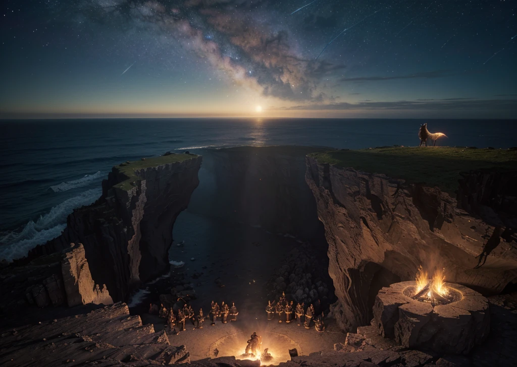 Hyperrealistic 8k high detail 3d art, fantasy setting, high cliff, amoky incense, bonfire, drumbeats, a wolf howling at the moon, the island night sky is full of stars, woman silhoutte dancing together with wolf, waves at the bottom of cliff breaking at the rocks, one existence in wide perilious sea