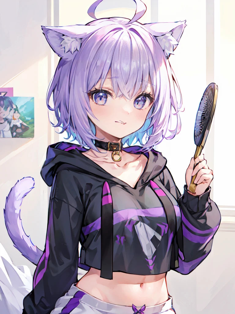 girl, 独奏,big, masterpiece, Highest quality, smile、Close-up of face、Smiling、kind、Full of Charity,aaokayu, short hair, ahoge, animal ears, cat tail, animal collar, black collar, collarbone, print hoodie, black hoodie, long sleeves, midriff, white pants