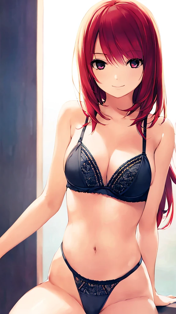 solo, 1girl, simple background, light smile, ((middle breasts)), middle hair, red hair, short hair, straight hair, lacy bra, lacy panty, hand on breast
