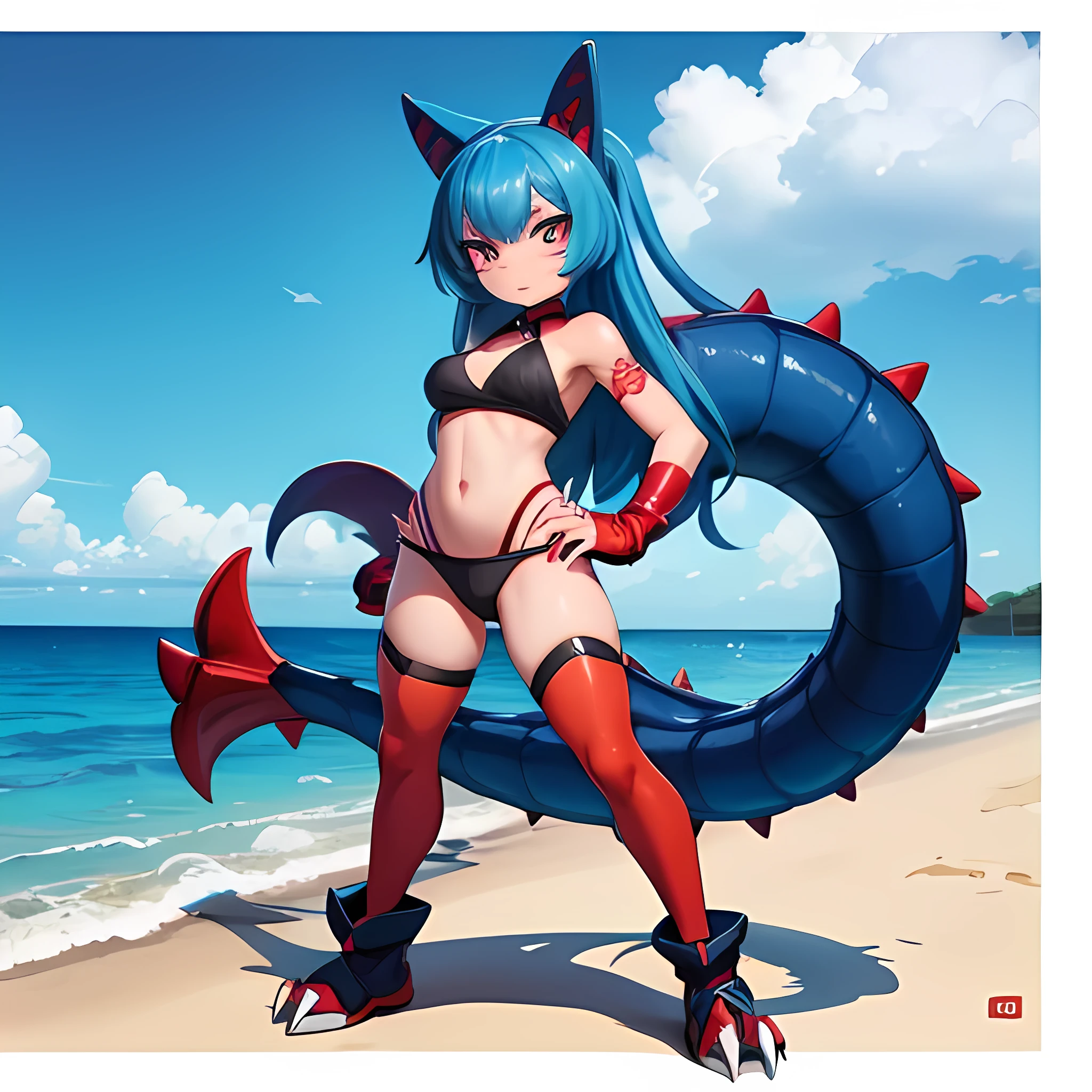 1 Feraligatr girl at the beach, red accessories, blue body, giant claws, reptilian legs, confident, sexy, intimidating, fullbody