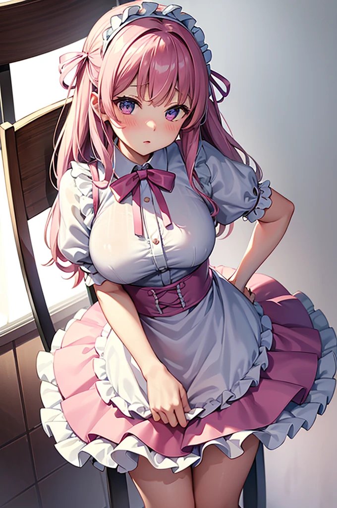 Highest quality、Shiny silk short sleeve puff sleeve pink maid outfit、See-through、Very short skirt、Giant ribbon、A short white ruffled apron、Garter belt with ribbon、Pink high heels with ribbon、Large headband with ribbon、Flushed Cheeks、Embarrassed look、Pure white underwear、Pull up your skirt、Raindrops、storm、Stand on a chair and stretch、Looking up from directly below