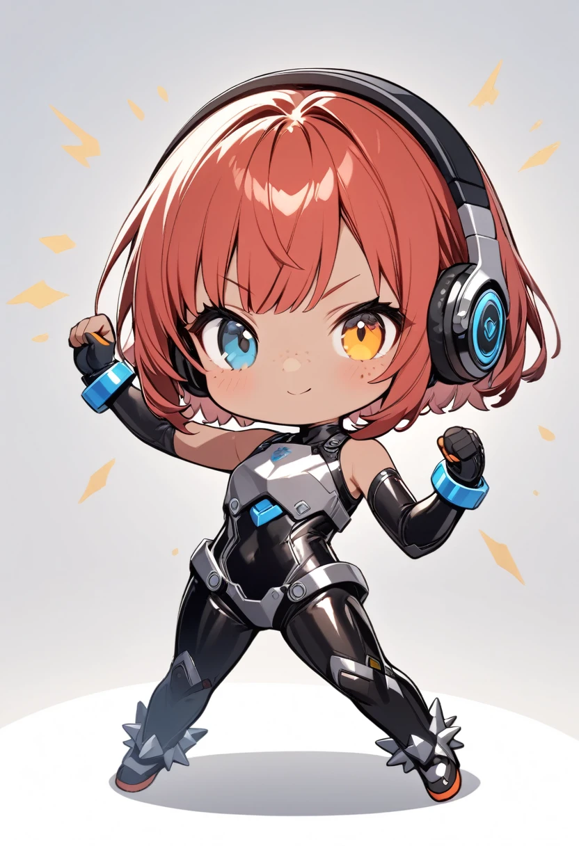 full body,1 girl,(cute:1.3),short, spiky, red Hair, left eye yellow, right eye blue, tan skin, freckles,{White breastplate, Black futuristic headphones, Mechanical black glossy metallic Bodysuit, Bare shoulders, oversized jacket, Glossy, shiny material,chibi emote, chibi character, action pose, ready to fight