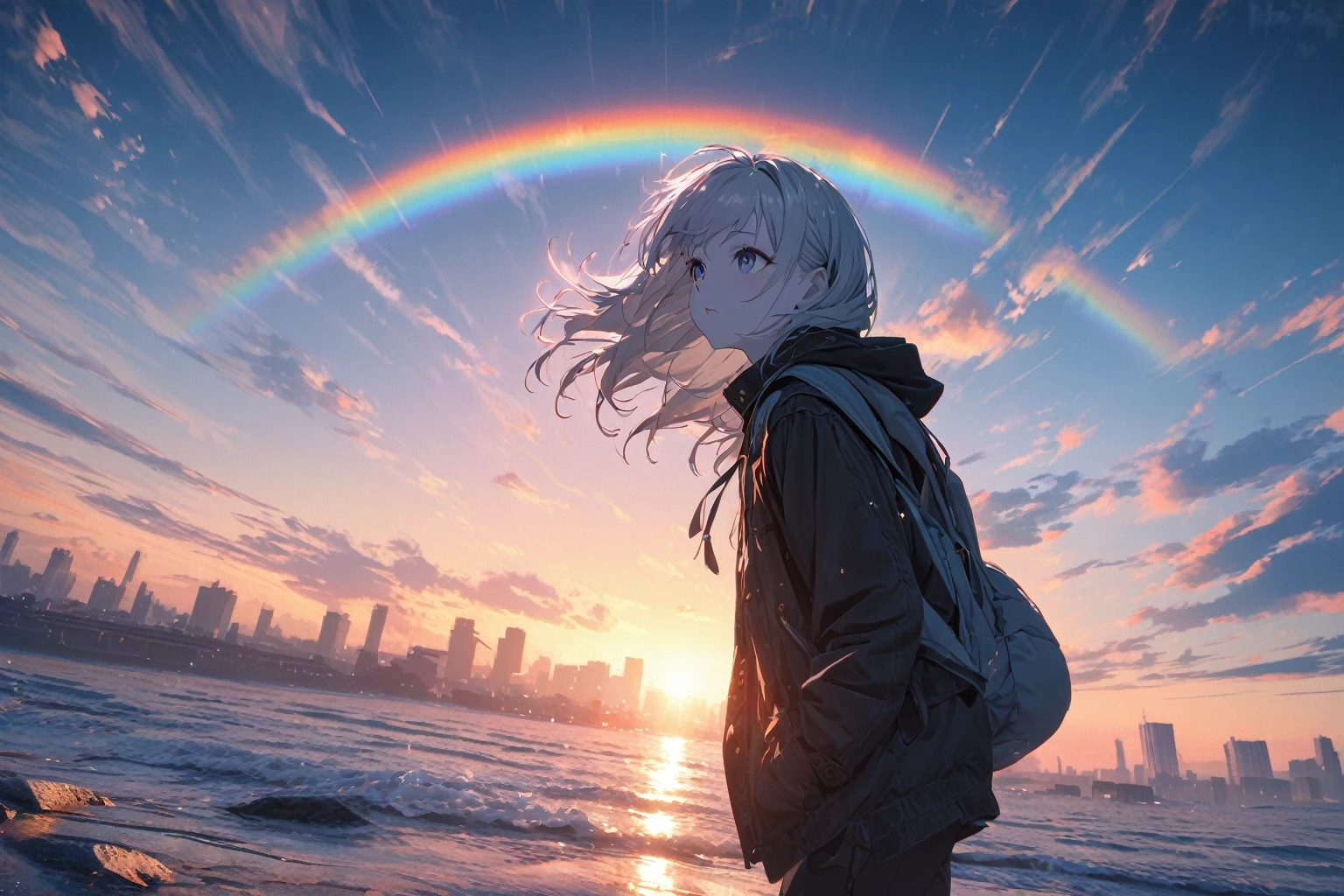 Angelic, detailed woman, sunrise, rainbow, After the Rain, horizon, In the sky, city , Lens flare, colorful,coat, Put your hands in your pockets,(student, 18-year-old, JK, Her short silver hair sways, Pale skin,) Look up at the sky, Beautiful sky, The scenery looks beautiful, Looking up at the wide sky, Colorful summer flowers are blooming everywhere., I see the wind blowing and shining, In the skyは正午の月と正午の星がある,From below, break ,quality(8K,非常に精細なCGユニットのwallpaper, masterpiece,High resolution,top-quality,top-quality real texture skin,Surreal,Increase the resolution,RAW Photos,最高quality,Very detailed,wallpaper,Cinema Lighting,Ray Tracing,Golden Ratio),Have a long-term perspective