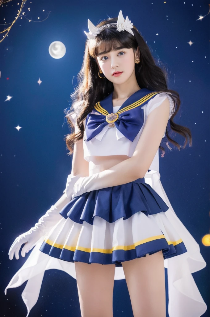 masterpiece, Highest quality, (1 Girl), Super Sailor Moon, Cowboy Lens, night sky, moonlight, night, White gloves, blue eyes, Galaxy Background, Colorful clothes, , Blue Skirt, hair ornaments, Red Bow, brooch, heart brooch, Earrings, Crescent Moon, heart necklace, heart, Very long hair, Crescent Moon moon Earrings, tiara, Yellow Necklace, boots, knee boots, Red Shoes, Long legs
