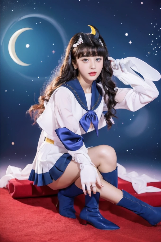 masterpiece, Highest quality, (1 Girl), Super Sailor Moon, Cowboy Lens, night sky, moonlight, night, White gloves, blue eyes, Galaxy Background, Colorful clothes, , Blue Skirt, hair ornaments, Red Bow, brooch, heart brooch, Earrings, Crescent Moon, heart necklace, heart, Very long hair, Crescent Moon moon Earrings, tiara, Yellow Necklace, boots, knee boots, Red Shoes, Long legs