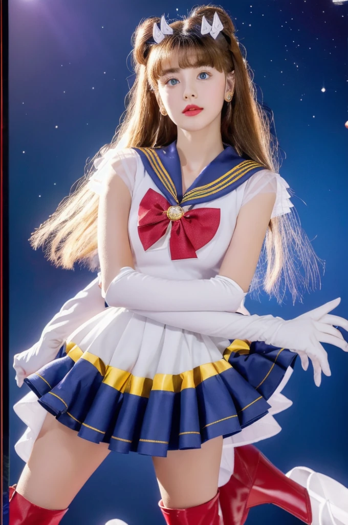 masterpiece, Highest quality, (1 Girl), Super Sailor Moon, Cowboy Lens, night sky, moonlight, night, White gloves, blue eyes, Galaxy Background, Colorful clothes, , Blue Skirt, hair ornaments, Red Bow, brooch, heart brooch, Earrings, Crescent Moon, heart necklace, heart, Very long hair, Crescent Moon moon Earrings, tiara, Yellow Necklace, boots, knee boots, Red Shoes, Long legs