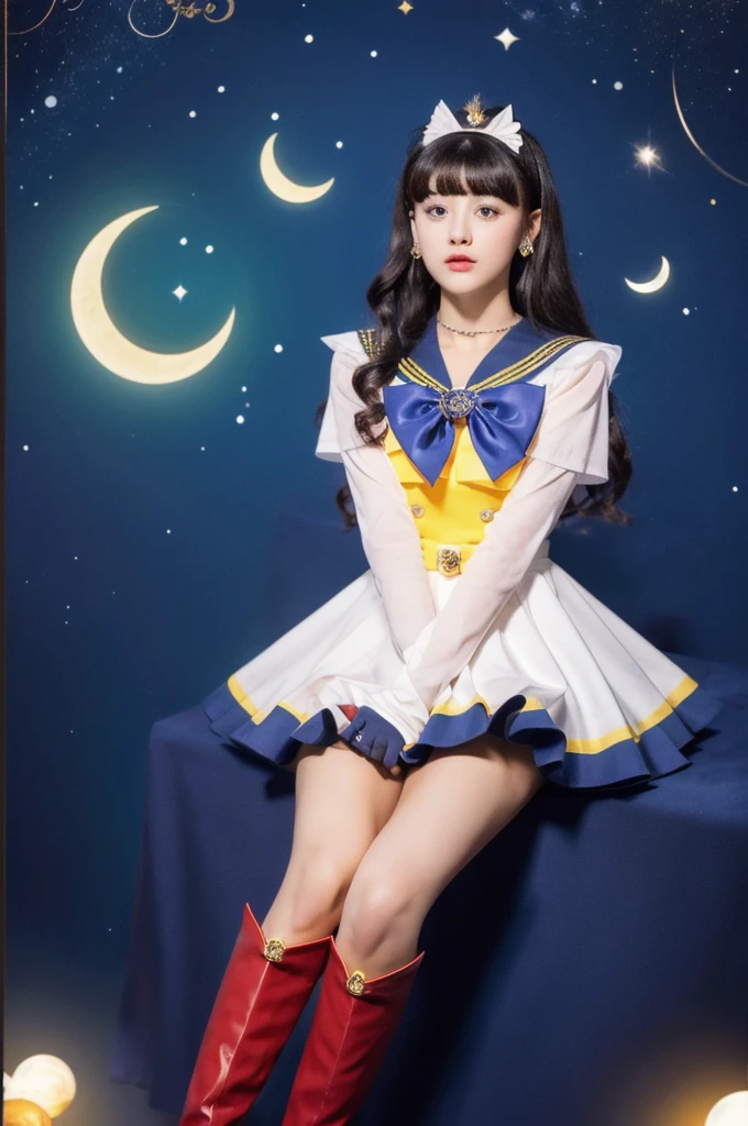 masterpiece, Highest quality, (1 Girl), Super Sailor Moon, Cowboy Lens, night sky, moonlight, night, White gloves, blue eyes, Galaxy Background, Colorful clothes, , Blue Skirt, hair ornaments, Red Bow, brooch, heart brooch, Earrings, Crescent Moon, heart necklace, heart, Very long hair, Crescent Moon moon Earrings, tiara, Yellow Necklace, boots, knee boots, Red Shoes, Long legs