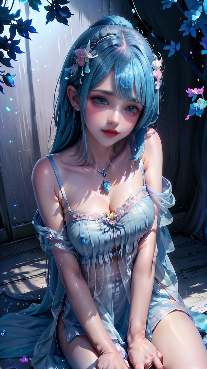 Image from above, sitting on the floor, ((1 woman, Alone, sexy, cyan blue hair, very long hair with neon light effect, intense bluish makeup, blue lips, rainbow colored eyes, Fine and detailed face.)) ((She is dressed in translucent and pearly ethereal clothing with blue feathers of exotic birds., Wear a pearl necklace, There are pearl and blue feather details throughout the dress)). sitting and posing with mystical essence, looking to the camera, innocent expression. ((al alba, light particles, sun rays illuminate it)) ((Around: mystical fluorescent tree of blue colors, pink and purple, The leaves fall softly, wind, Morning dew, magic light)) ((realist, photo-realist:1.3), Masterpiece, extremely detailed pale body, raytraced, 8k quality, whole body, sitting under the tree))