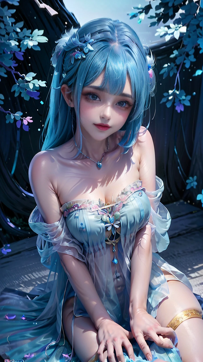 Image from above, sitting on the floor, ((1 woman, Alone, sexy, cyan blue hair, very long hair with neon light effect, intense bluish makeup, blue lips, rainbow colored eyes, Fine and detailed face.)) ((She is dressed in translucent and pearly ethereal clothing with blue feathers of exotic birds., Wear a pearl necklace, There are pearl and blue feather details throughout the dress)). sitting and posing with mystical essence, looking to the camera, innocent expression. ((al alba, light particles, sun rays illuminate it)) ((Around: mystical fluorescent tree of blue colors, pink and purple, The leaves fall softly, wind, Morning dew, magic light)) ((realist, photo-realist:1.3), Masterpiece, extremely detailed pale body, raytraced, 8k quality, whole body, sitting under the tree))