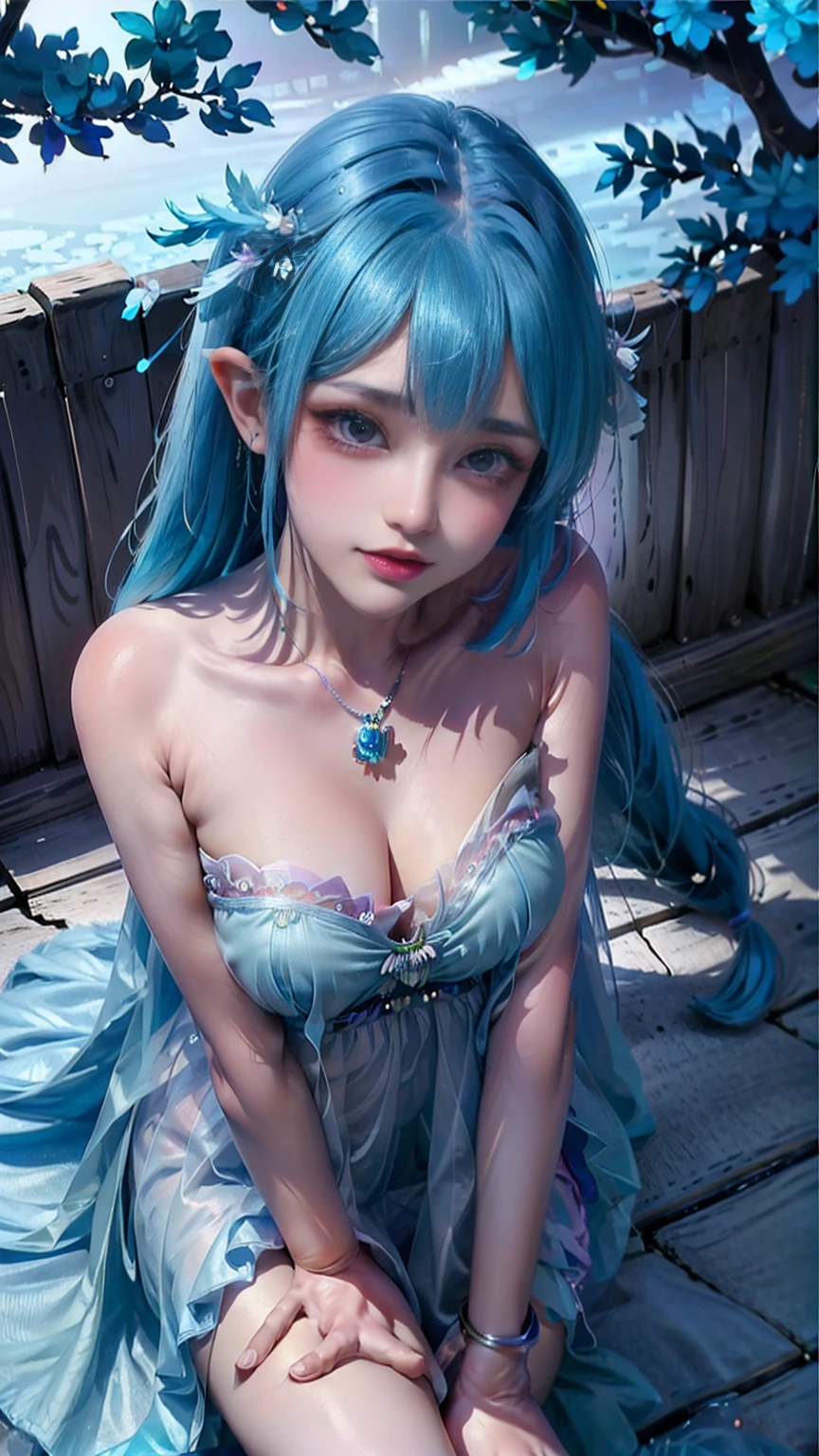Image from above, sitting on the floor, ((1 woman, Alone, sexy, cyan blue hair, very long hair with neon light effect, intense bluish makeup, blue lips, rainbow colored eyes, Fine and detailed face.)) ((She is dressed in translucent and pearly ethereal clothing with blue feathers of exotic birds., Wear a pearl necklace, There are pearl and blue feather details throughout the dress)). sitting and posing with mystical essence, looking to the camera, innocent expression. ((al alba, light particles, sun rays illuminate it)) ((Around: mystical fluorescent tree of blue colors, pink and purple, The leaves fall softly, wind, Morning dew, magic light)) ((realist, photo-realist:1.3), Masterpiece, extremely detailed pale body, raytraced, 8k quality, whole body, sitting under the tree))