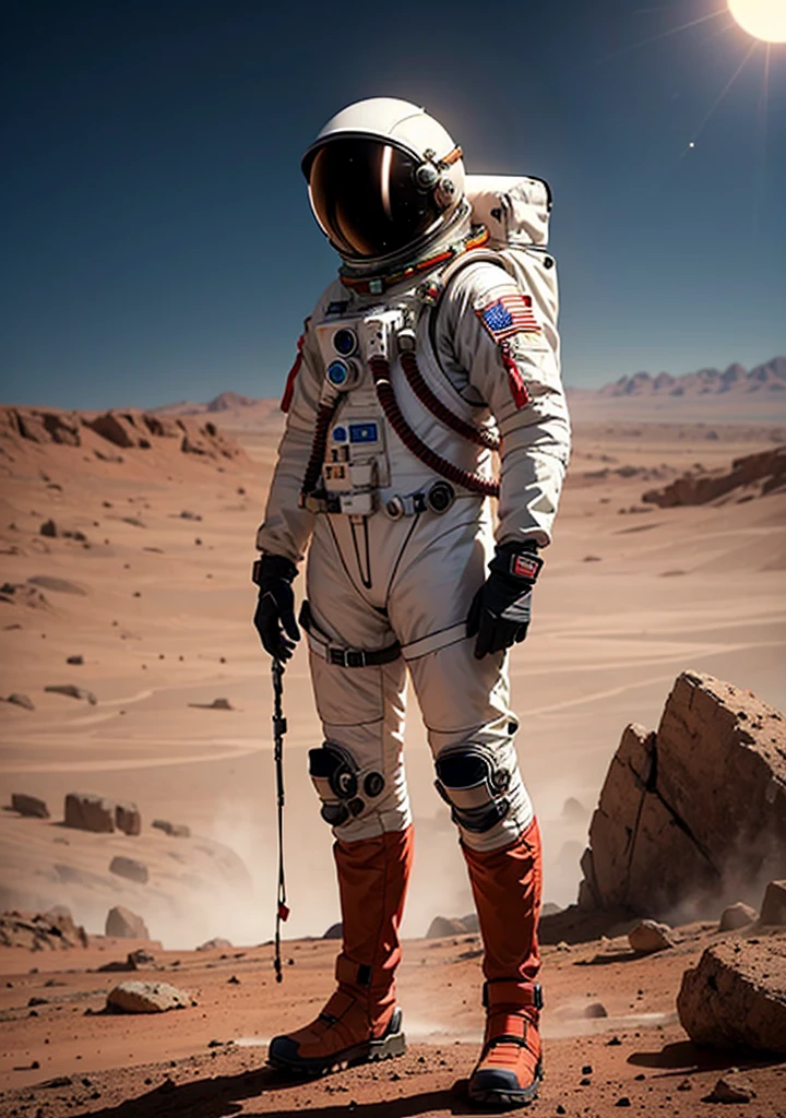 Imagine standing on the rust-colored plains of Mars, a lone astronaut gazes ahead. They are suited in a sleek, advanced spacesuit, its white and silver panels stark against the red backdrop. The helmet reflects the distant Martian sun, its visor tinted to protect against the harsh glare. The astronaut stands confidently, boots planted firmly on the dusty terrain, one gloved hand resting on a tool belt secured around the suit. Behind them, the barren landscape stretches out, with jagged rocks and the faint outline of a rover in the distance. Despite the desolation, the scene is one of human achievement and exploration.