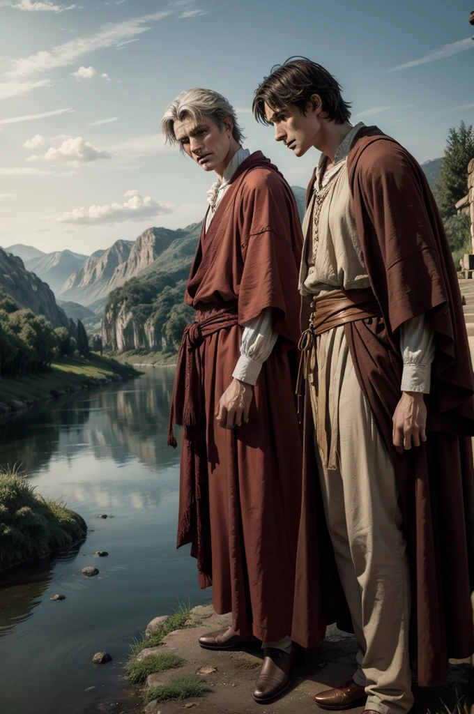 a detailed portrait of Dante Alighieri and Virgil standing by a river, observing a boat approaching the shore, the boat carrying many people, intricate details, high quality, photorealistic, dramatic lighting, cinematic composition, muted color palette, Renaissance inspired. standing by a river,