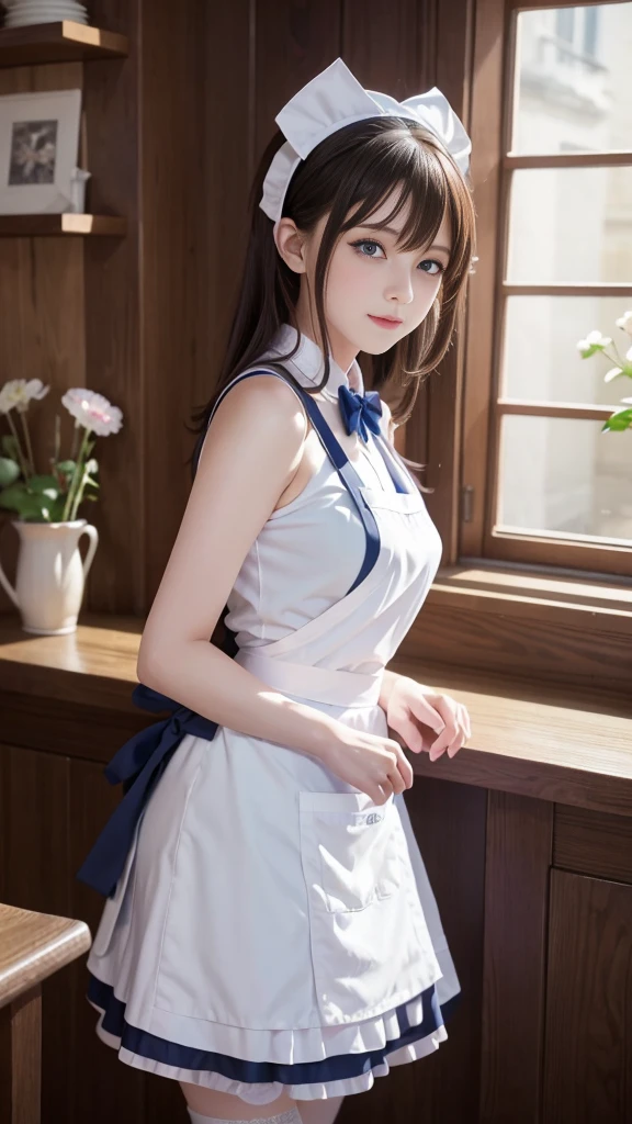 🎨 Model: MeinaMix V8 🔍 Keywords: apron, blue eyes, Garter, Composition anime girl shows charming charm, Maid uniform, Reality, Highly realistic photos taken with a Canon camera, Very high quality and high definition