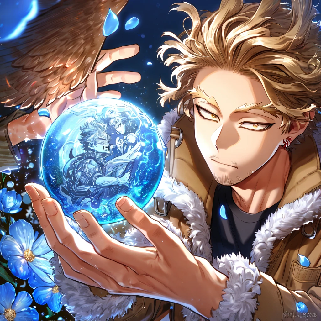 absurdres, highres, ultra detailed, HDR, master piece, Hawks, brown-blond hair, expressive brown-golden eyes, brown coat with fur, black shirt, Boku No Hero Academia, sexy man, handsome, best quality, blue moon, flowers, fantasy, magical, solo, water, blue shining fireflies, blue petals, red piercing, faint beard