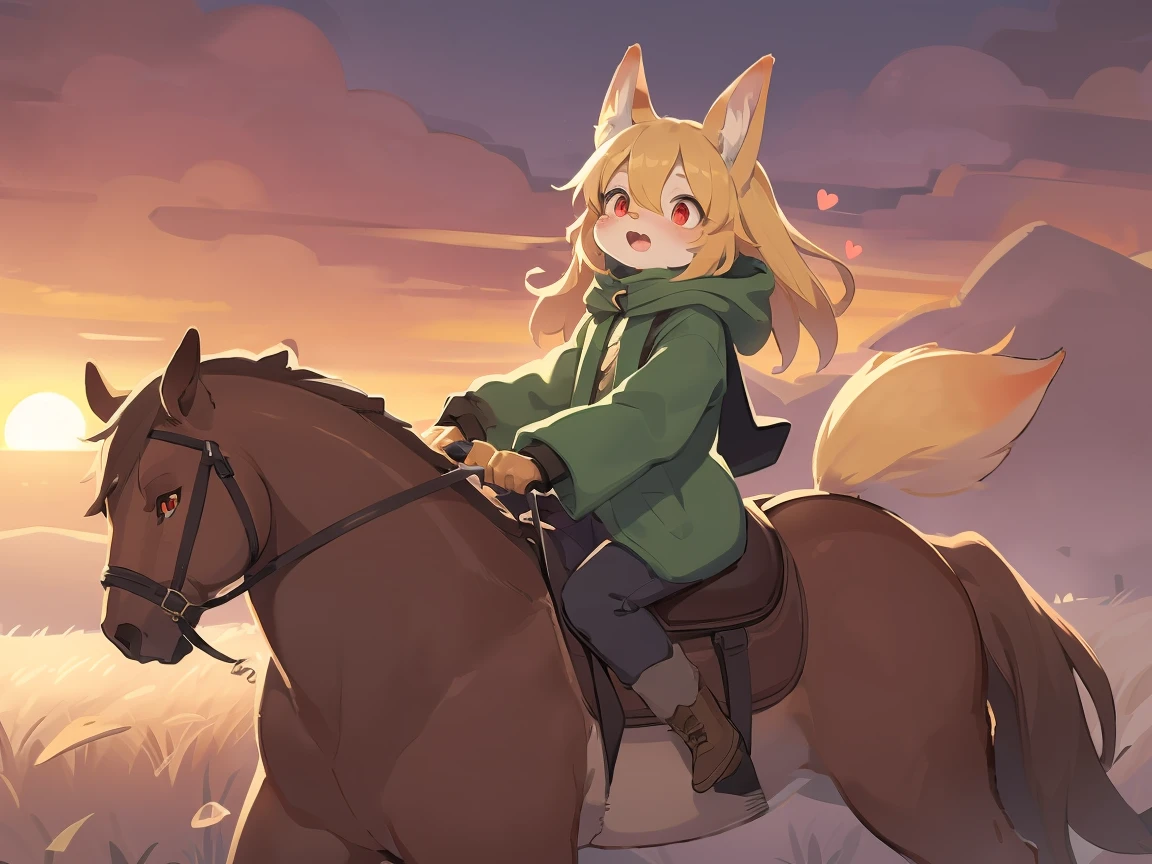 the fox, , was hairy, shaggy, skin fur, smooth lashes, golden fur, forelimb hands, straight long blonde hair, solid circle eyes, golden ears, golden fur, golden facial fur, shiny hair, red eyes, heart-shaped eyes, super cute face, 1fox tail, fluffy tail, furry tail, glowing eyes, green coat green hood down, brown trousers, riding unsaddled horse, open mouth, embarrassed, ambient light, ultra-fine fur, dashed eyes, full body, masterpiece, high quality, high-details, best quality, from front, (((solo))), twilight, sun light, red sky, rim light