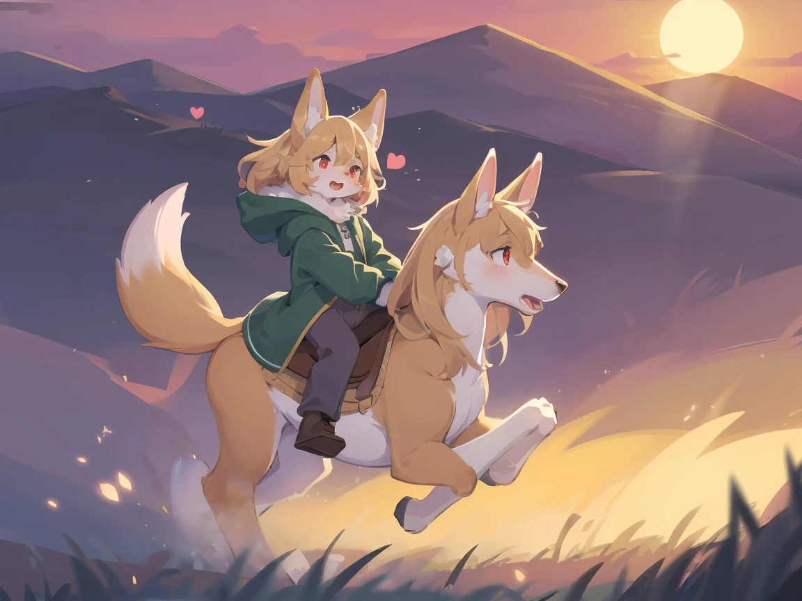  the fox, , was hairy, shaggy, skin fur, smooth lashes, golden fur, forelimb hands, straight long blonde hair, solid circle eyes, golden ears, golden fur, golden facial fur, shiny hair, red eyes,  heart-shaped eyes, super cute face, 1fox tail, fluffy tail, furry tail, glowing eyes, green coat green hood down, brown trousers, riding unsaddled horse, open mouth, embarrassed, ambient light, ultra-fine fur, dashed eyes, full body, masterpiece, high quality, high-details, best quality, from front, (((solo))), twilight, sun light, red sky, rim light