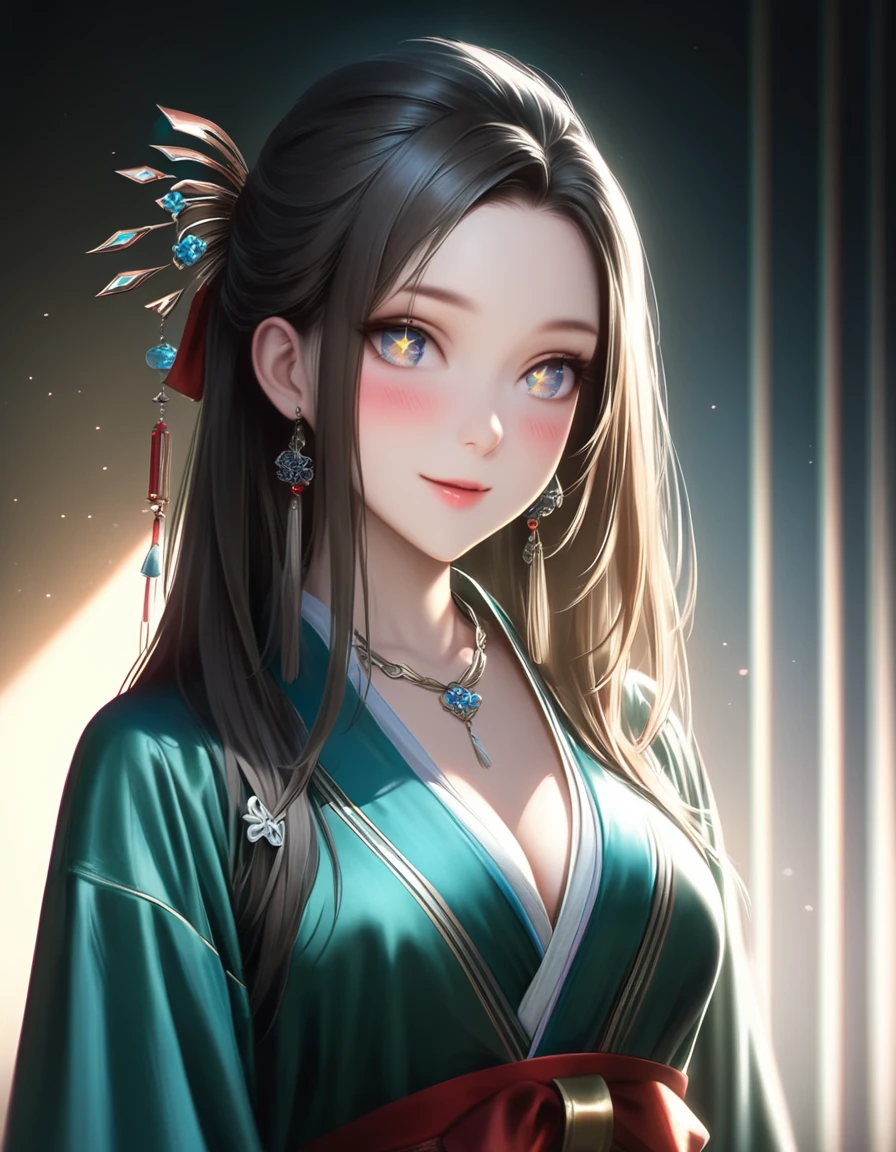 Top quality, masterpiece, high resolution, one girl, blush, (seductive smile: 0.8), star-shaped pupils, Chinese Hanfu, hair ornament, necklace, jewelry, beautiful face, body, Tyndall effect, Photorealistic, Dark Studio, Rim Light, Two Tone Lighting, (Detailed Skin: 1.2), 8K Ultra HD, DSLR, Soft Lighting, High Quality, Volumetric Lighting, Candid, Photography, High Resolution, 4K, 8k, bokeh