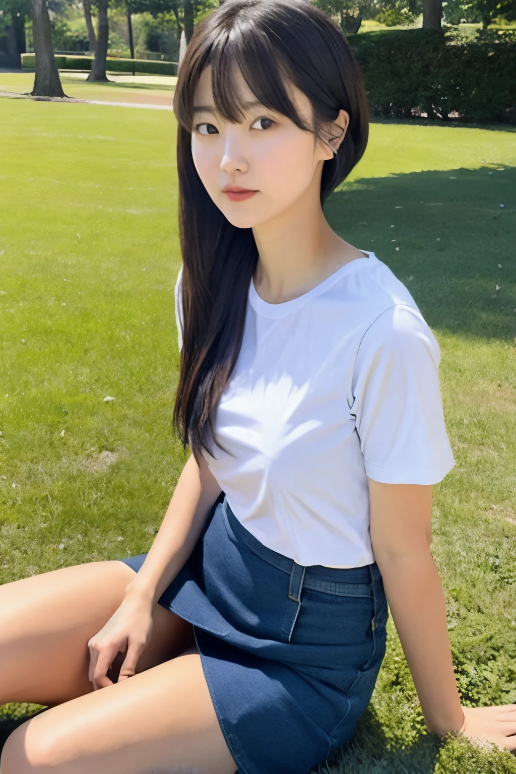 (High reality photograph, high resolusion, detailed face, detailed eyes), Japanese lady, 20 years old, various face expression, detailed face, detailed eyes, solo:1, skinny figure, small breasts, emphasizing very thin waist, correct body anatomy, various hair style, Shirt, tight skirt, sitting on the grass in a park, full-body photo, alone in a photo