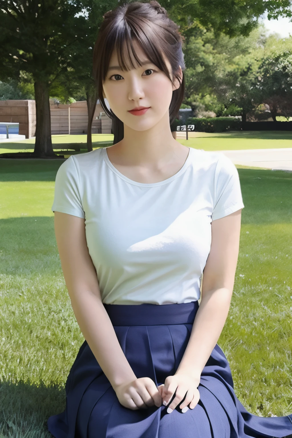 (High reality photograph, high resolusion, detailed face, detailed eyes), Japanese lady, 20 years old, various face expression, detailed face, detailed eyes, solo:1, skinny figure, small breasts, emphasizing very thin waist, correct body anatomy, various hair style, Shirt, tight skirt, sitting on the grass in a park, full-body photo, alone in a photo