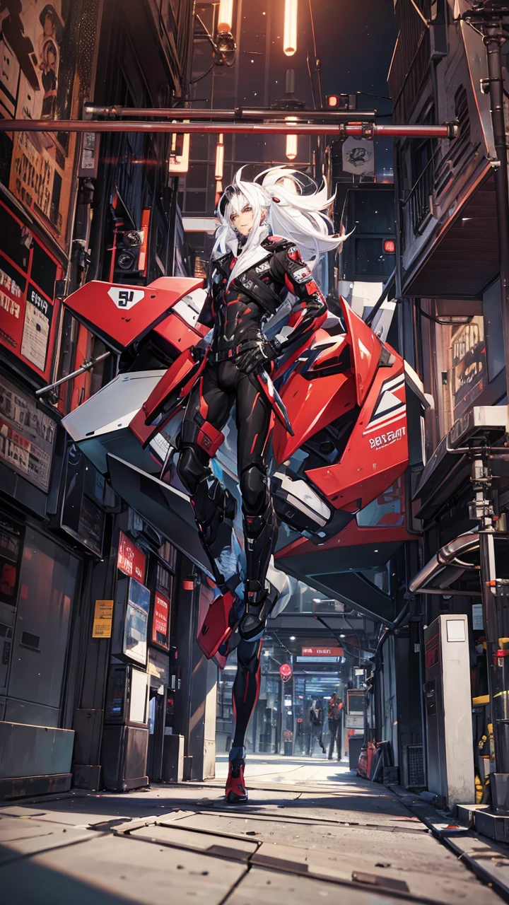 Futuristic male in city full body