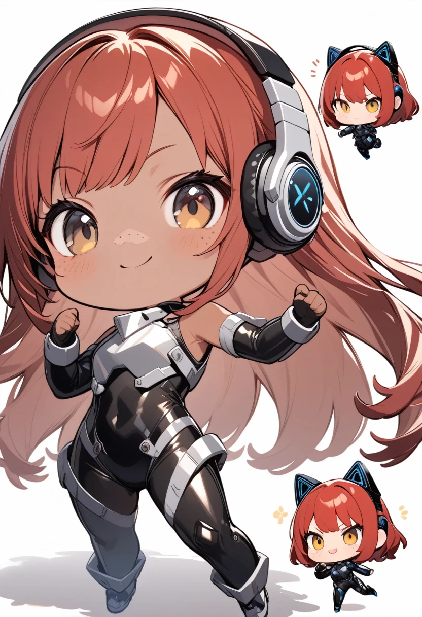 full body,1 girl,(cute:1.3),short, spiky, red Hair, left eye yellow, right eye blue, tan skin, freckles,｛White breastplate, Black futuristic headphones, Mechanical black glossy metallic Bodysuit, Bare shoulders, oversized jacket, Glossy, shiny material,chibi emote, chibi character, action pose, ready to fight
