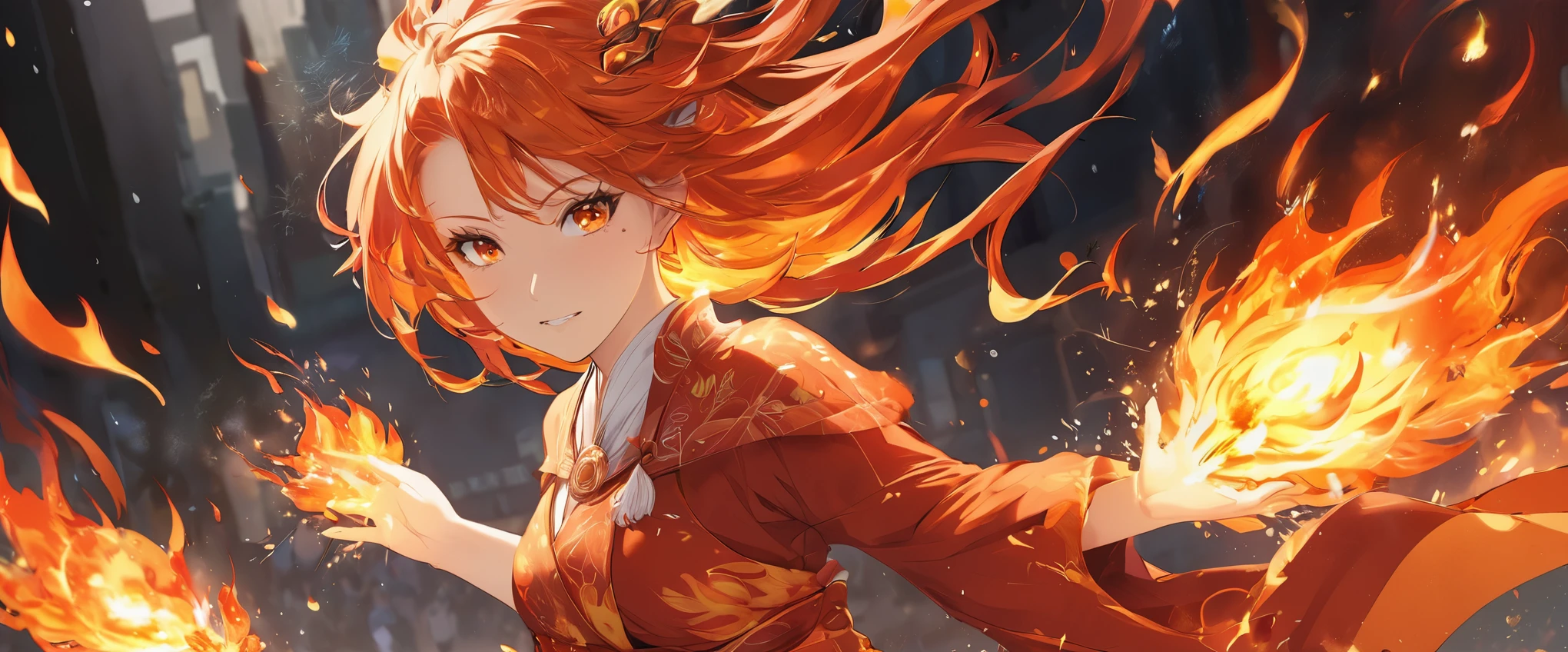 One girl, Female Fire Spirit, Fire-colored hair, Internal Fire, Put a few drops of sparks on your skin,