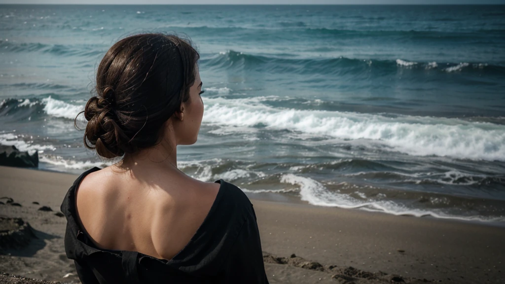 lonely woman with her back, with doubt and facing the sea.