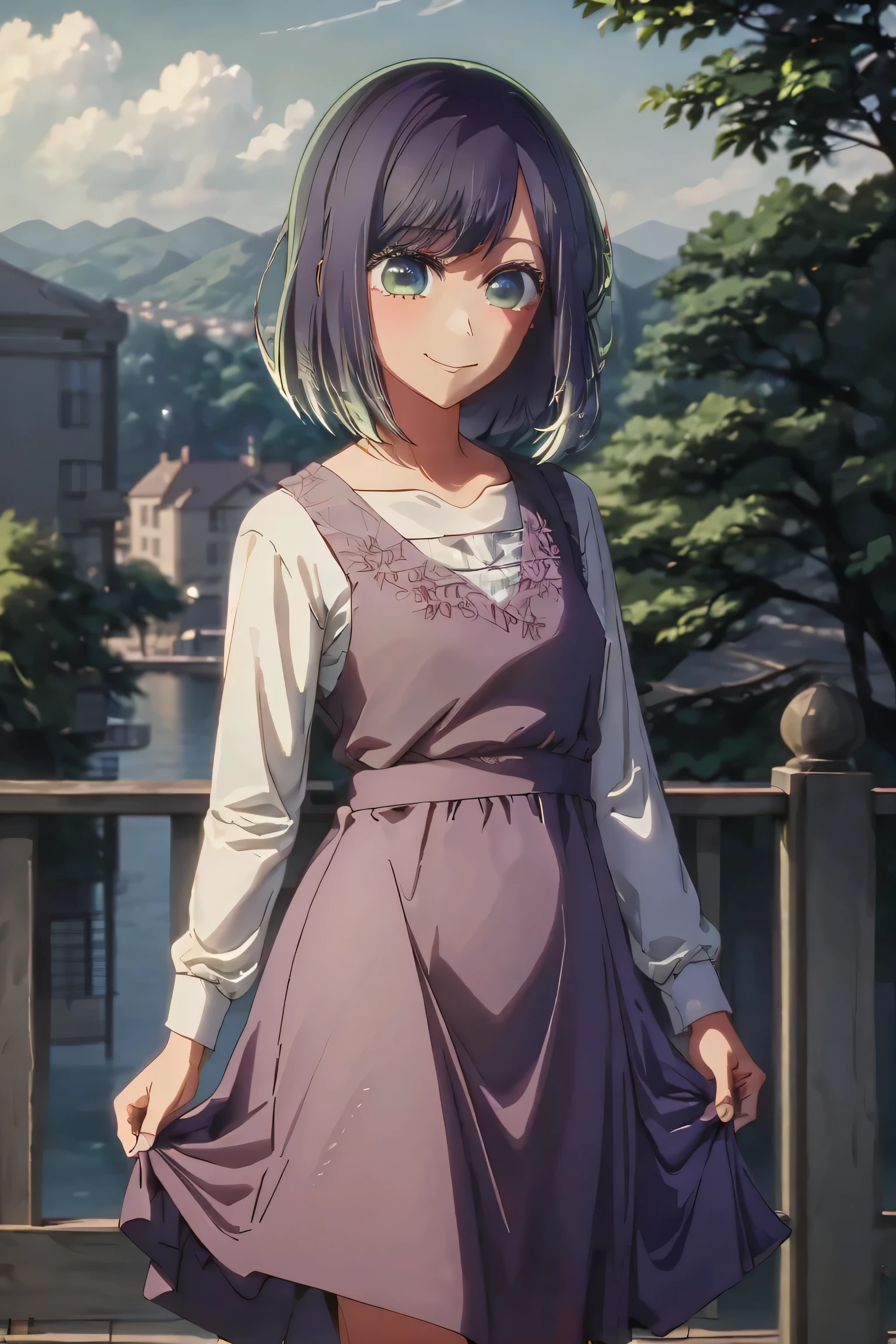 masterpiece, best quality, 1 girl, alone, detailed eyes, very blushing, flirtatious smile, happy, casual dress, standing, leaning on the railing, background of a gazebo, background of a landscape