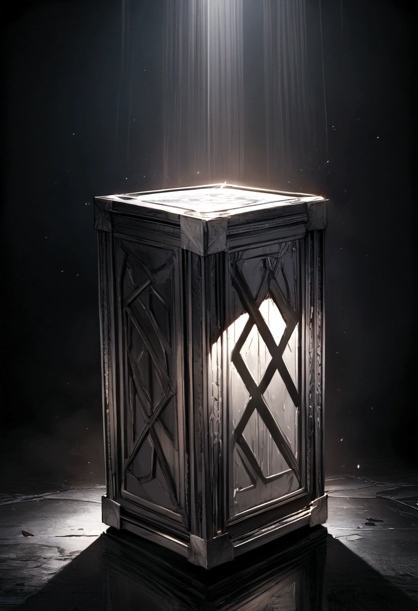 Create a large silver box with the acronym C and P in the center, around the box two sharp swords, black image background with gradient. high resolution, rich in detail, very real.