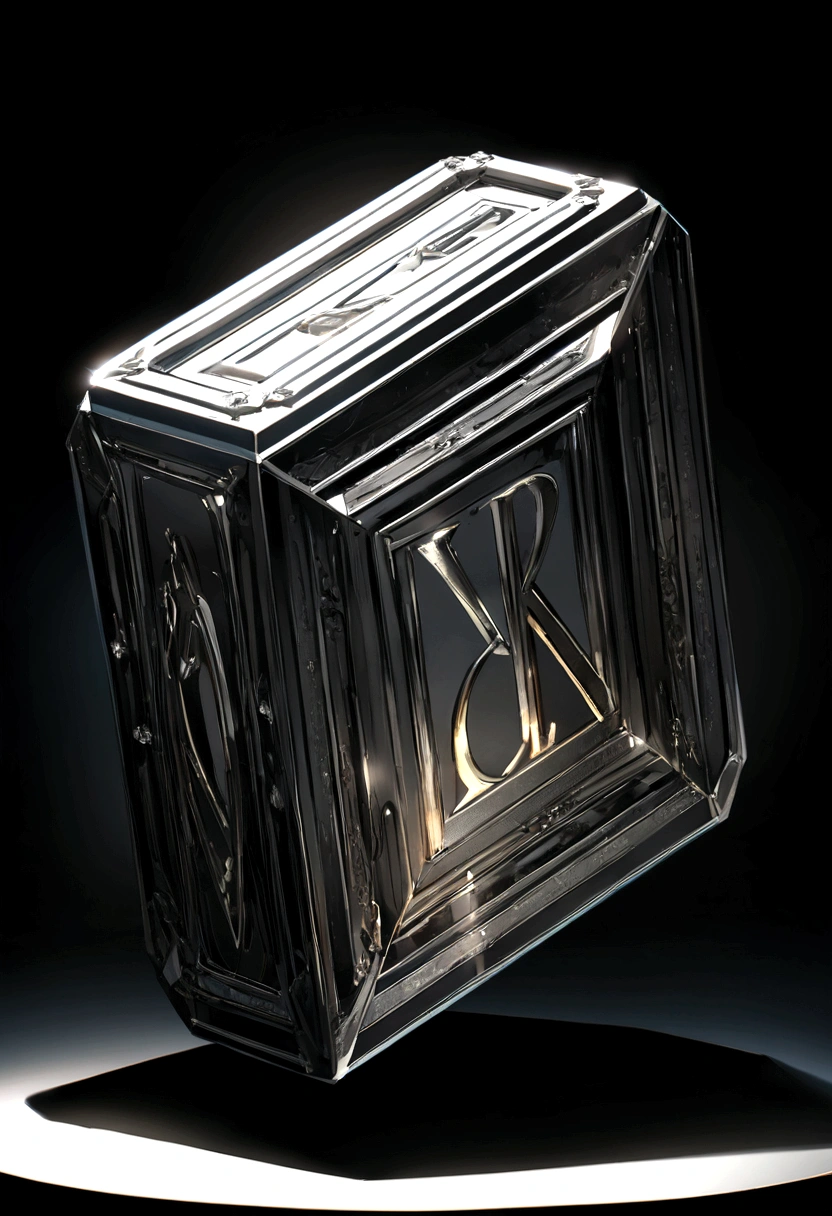 Create a large silver box with the acronym C and P in the center, around the box two sharp swords, black image background with gradient. high resolution, rich in detail, very real.