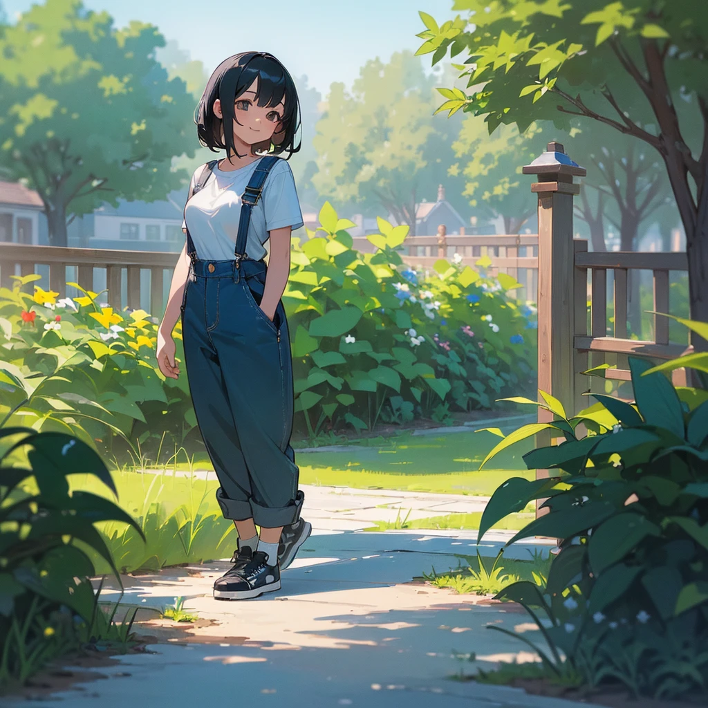 (high quality, High resolution, Very detailed, reality:1.37), Peaceful atmosphere, (Outdoor, garden), Teenage girl standing alone, (my breasts are big.), Beautiful details, Cute Smile, (Black bob hair), Short sleeve shirt, Overalls, Blue socks, sneakers.