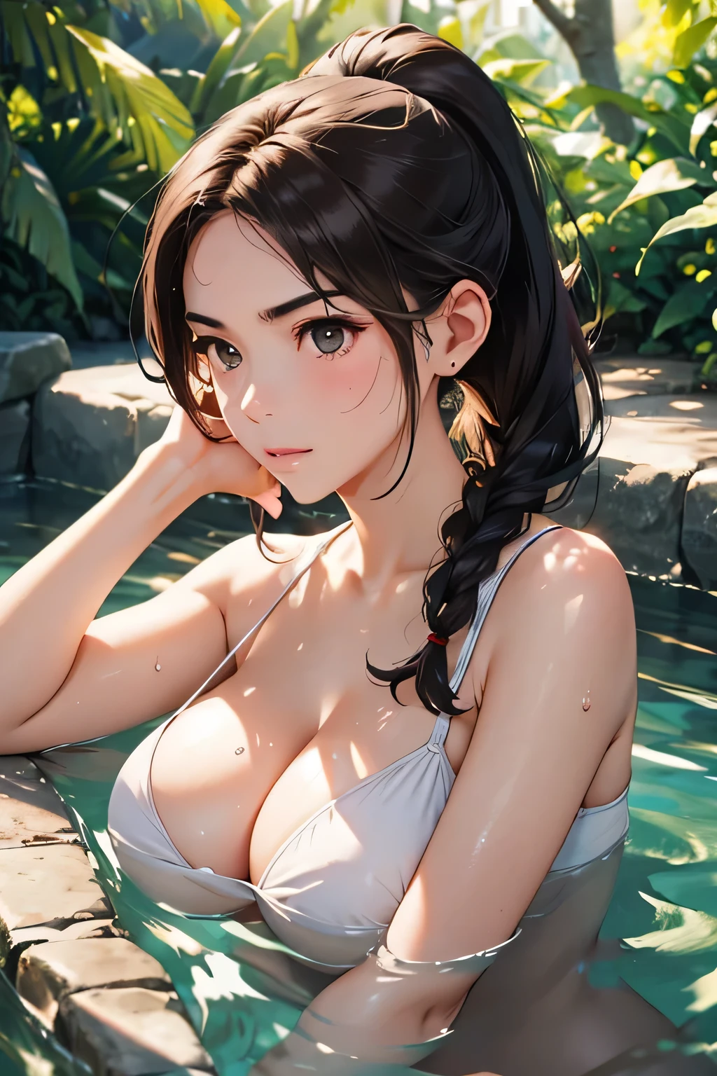 Highest quality、High resolution、Detailed Background、Beautiful face in every detail、Anatomically correct、Detailed eyes、age beauty、Highly detailed face、(Huge breasts:1.2)、Brown Hair、Black Hair、Bobcut、ponytail、Braided long hair、well-groomed eyebrows、Perfect body line、
Scorching summer day、Sweaty forehead、I feel short of breath in the muggy air、
The sweltering heat is draining my strength、I'm thirsty and want a cold drink、
I turned on the electric fan at full speed and desperately tried to cool myself down.、Even if you take refuge in the shade、Even when I feel lonely in the sunlight, I jump into the cold water for a change of pace.、But the brief feeling of exhilaration soon fades away、
I will not give up and continue to persevere in order to beat this heat.