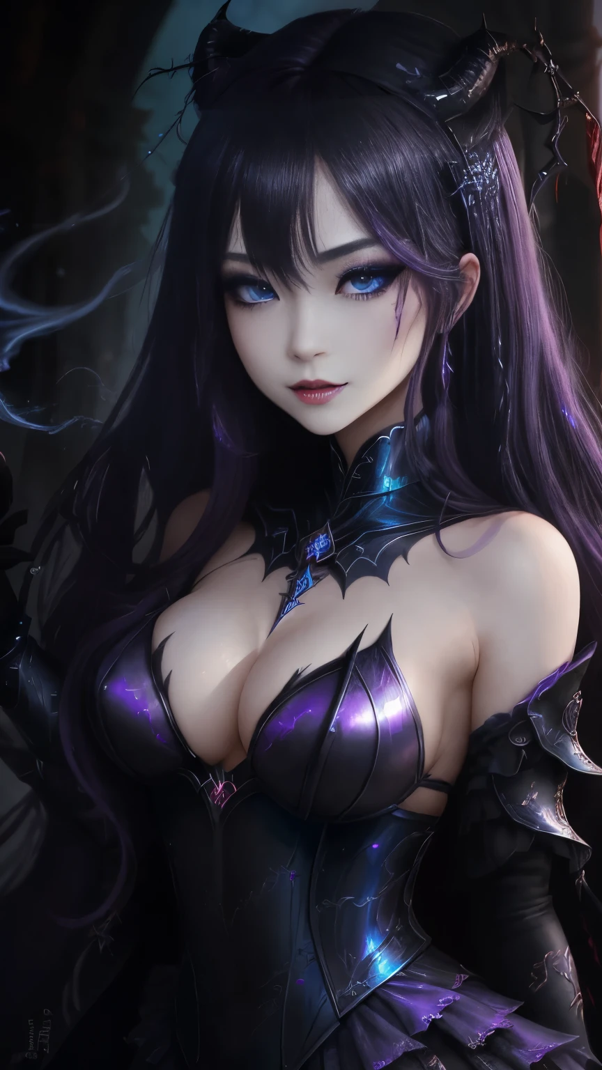 強力なスーパーevil女がクローズアップでポーズをとる, Black Goddess (Bare shoulders), length, Flowing purple hair, View your audience, Highly detailed face, Perfect hands, Blue smoke swirling around her, evil事を愛する, Captivating blue eyes, Dark fantasy, Genuine, Symmetric, High detail, Esoteric arachnids lady, Spider Queen Elise, League of Legends, Esoteric arachnids, Combat Stance, ( body formed from metallic mauveine and metallic black liquid metallic paint twisting into a beautiful interpretation of the female figure), length, Sharp Fangs, nature, ((Complex metallic colors in the foreground)), (( Fluid Mechanics, The most beautiful smooth scale face makeup, Smirking expression)) - Dark blood, Onyxia、Noir painting of a beautiful young witch, length purple hair, dark purple lips, evil, evil female, smile, Black Prom Dress, She is coming to you, close, Bright Blue Eyes, Surrounded by swirling pink smoke, Genuine, High detail, Highest quality、A beastly demon wields a vicious blade, Blood Chain, Behemoth Bones, Snake-like tentacles, Cruel Teeth, Expressions of madness, Oppressive Dungeon. 8K Vision Reveals Fear, Ultra HD detail makes monsters stand out, Grotesque shadows dance, The creature whispers, Stifling atmosphere, Vision problems, Visible Madness. blade, evil意の閃光が輝く, reflect (Light) Beyond the Darkness, Elucidate (Sharp details) and、Add a dizzying dimension to the impending chaos.