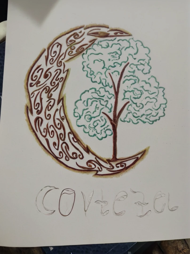 A logo of a crescent made of tree roots, a tree in the center