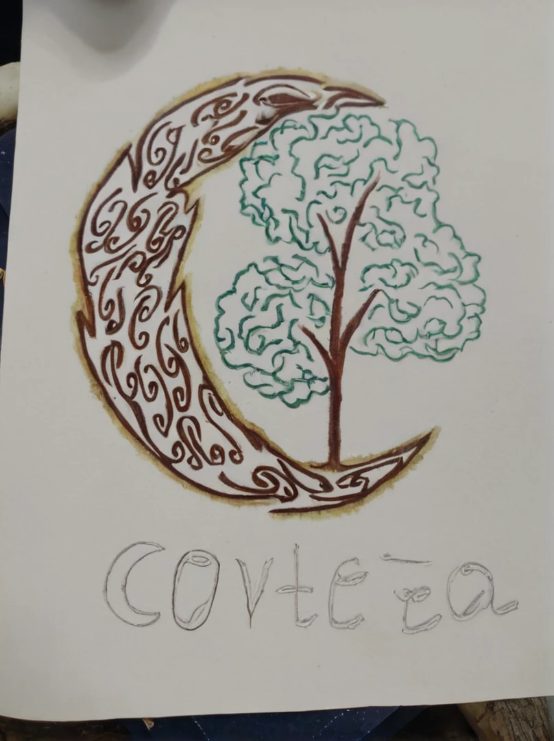 A logo of a crescent made of tree roots, a tree in the center