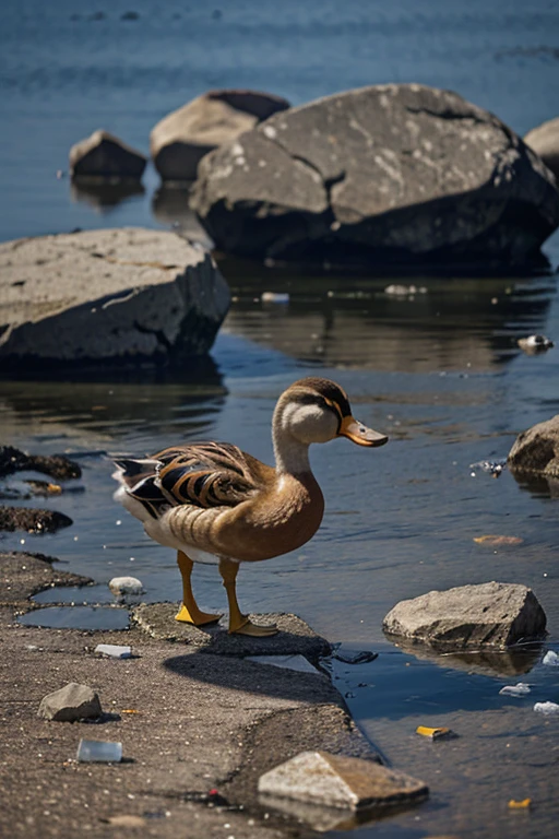 a duck walking on stones and broken glass and crying animatedly