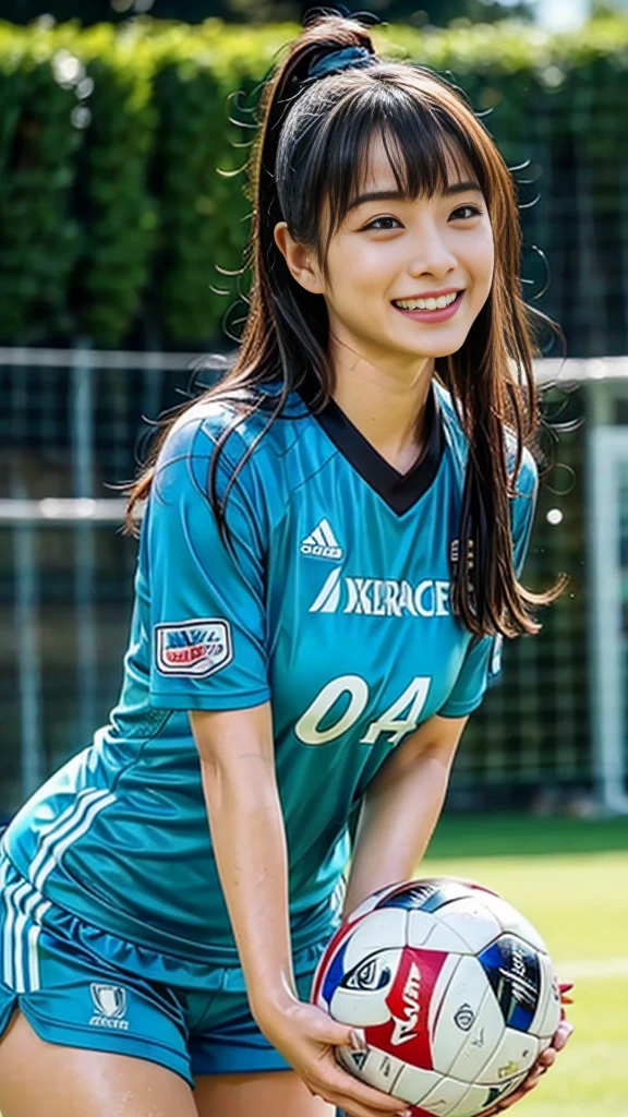 Highest quality, High resolution:1.2, Super detailed, Realistic:1.3, ((Beautiful woman))、Big Breasts、Vibrant colors, play soccer,((blunt bangs))、Has bangs、Wet Hair, Concentration, Splash, Action Shots, Grass blotches, Muddy ground, Wet turf, Decide, Fast-paced games, Athletic physique, Shiny soccer ball, Wet Uniform, raindrop, Blurred motion, Focus on the ball, Intense competition, Skillful dribbling, Energetic play, Teamwork, powerful shoots, Wet pitch, Passionate sports, Fierce Decide, Humid atmosphere, Fluid movement, emotional expression, Difficult conditions, Dramatic lighting, Women's Sports, Avid athletes, Exciting Games, endure, Excited state, Speed and agility, Energetic play, 濡れたSplash、smile、