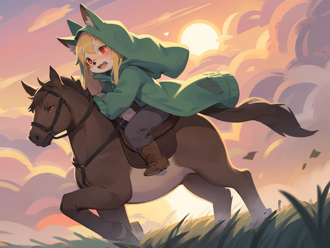  the fox, , was hairy, shaggy, skin fur, smooth lashes, golden fur, forelimb hands, straight long blonde hair, solid circle eyes, golden ears, golden fur, golden facial fur, shiny hair, red eyes,  heart-shaped eyes, super cute face, 1fox tail, fluffy tail, furry tail, glowing eyes, green coat green hood down, brown trousers, riding unsaddled horse, open mouth, embarrassed, ambient light, ultra-fine fur, dashed eyes, full body, masterpiece, high quality, high-details, best quality, from front, (((solo))), twilight, sun light, red sky, rim light