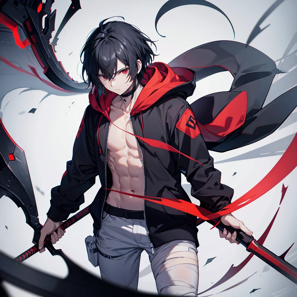 Human male, body with bandages, holding a long scythe, black hair, wearing a dark red hoodie