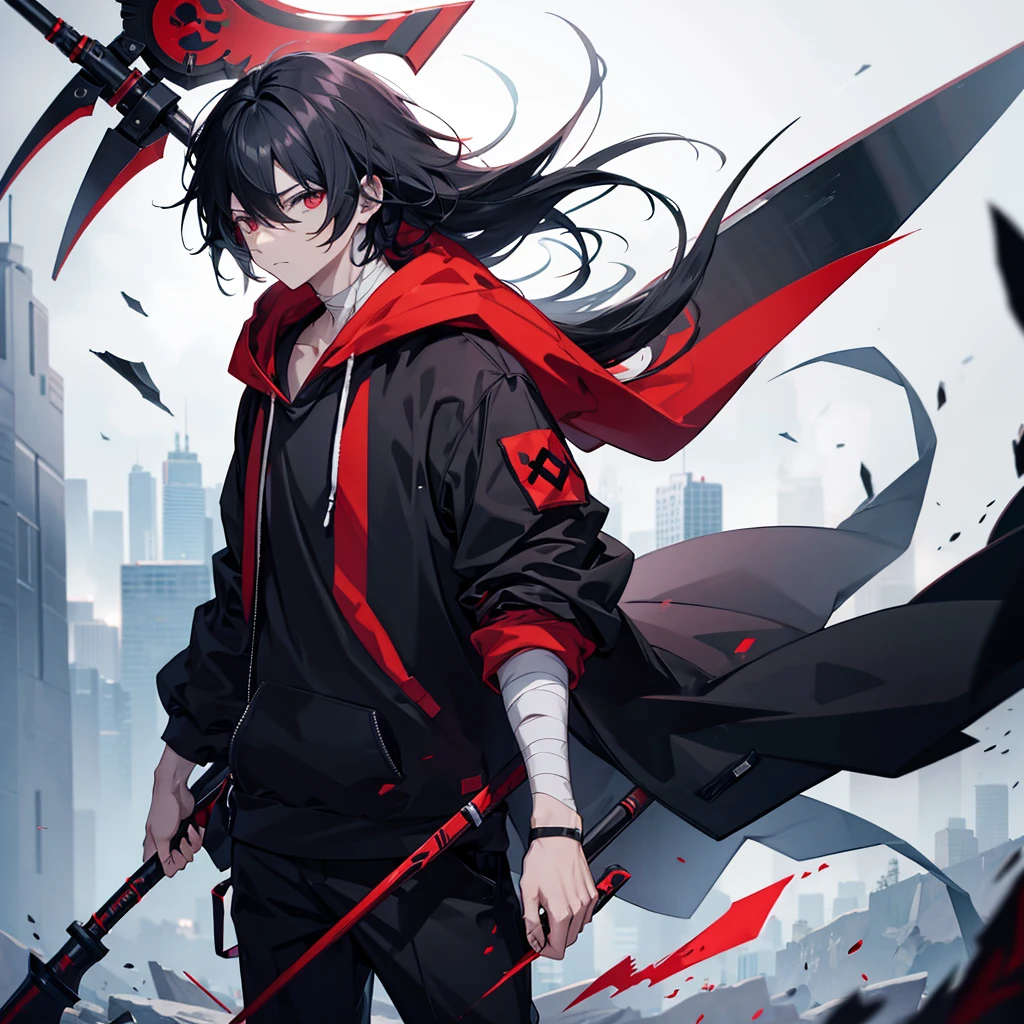 Human male, body with bandages, holding a long scythe, black hair, wearing a dark red hoodie