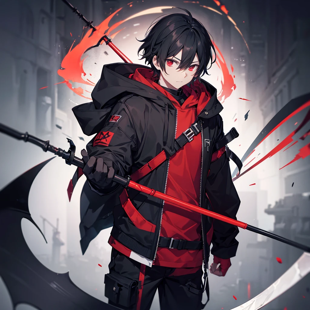 Human male, body with bandages, holding a long scythe, black hair, wearing a dark red hoodie