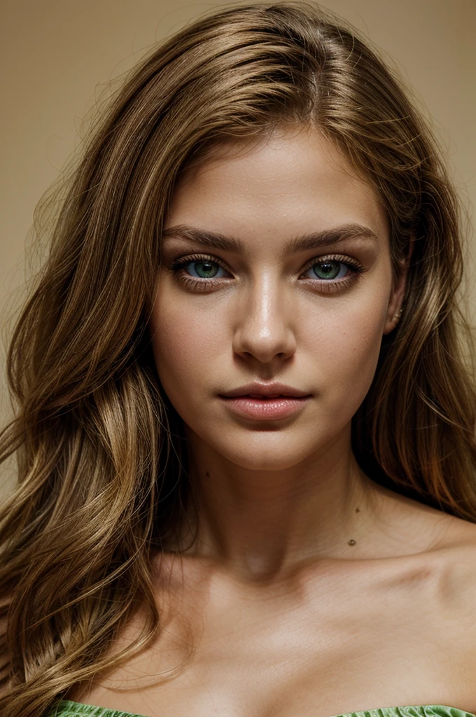 Brunette blond hair woman 24 years latino ameriquaine lip luscious light green eyes ultra realistic