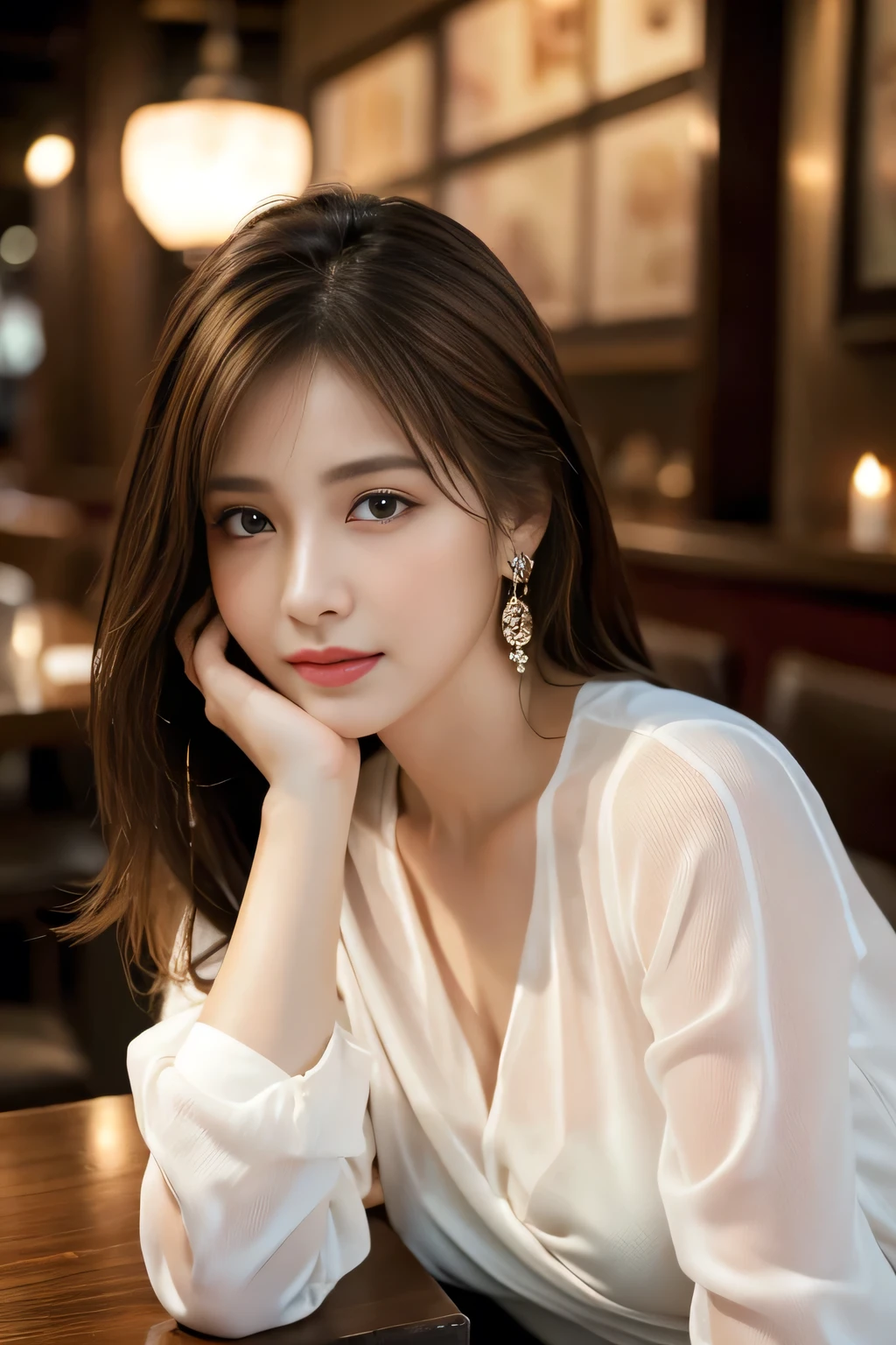masterpiece, Highest quality, Realistic, Very detailed, Finer details, High resolution, 8k wallpaper, One beautiful woman, Wear a white see-through shirt, In a great restaurant, At night, Light brown messy hair, Perfect dynamic composition, Beautiful and beautiful eyes、Big earrings、