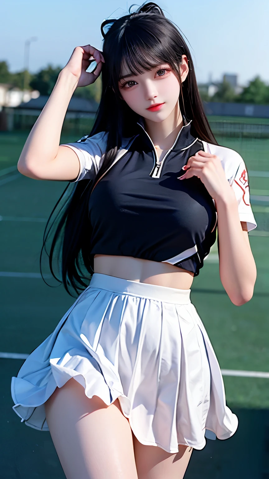 (Very delicate and beautiful:1.2)super model,,Big Breasts,Beautiful breasts,voluptuous,【bike shorts】,,【3girls】,,Highest quality, High resolution, 8K,Kick in a hurry,Tennis Wear.mini skirt