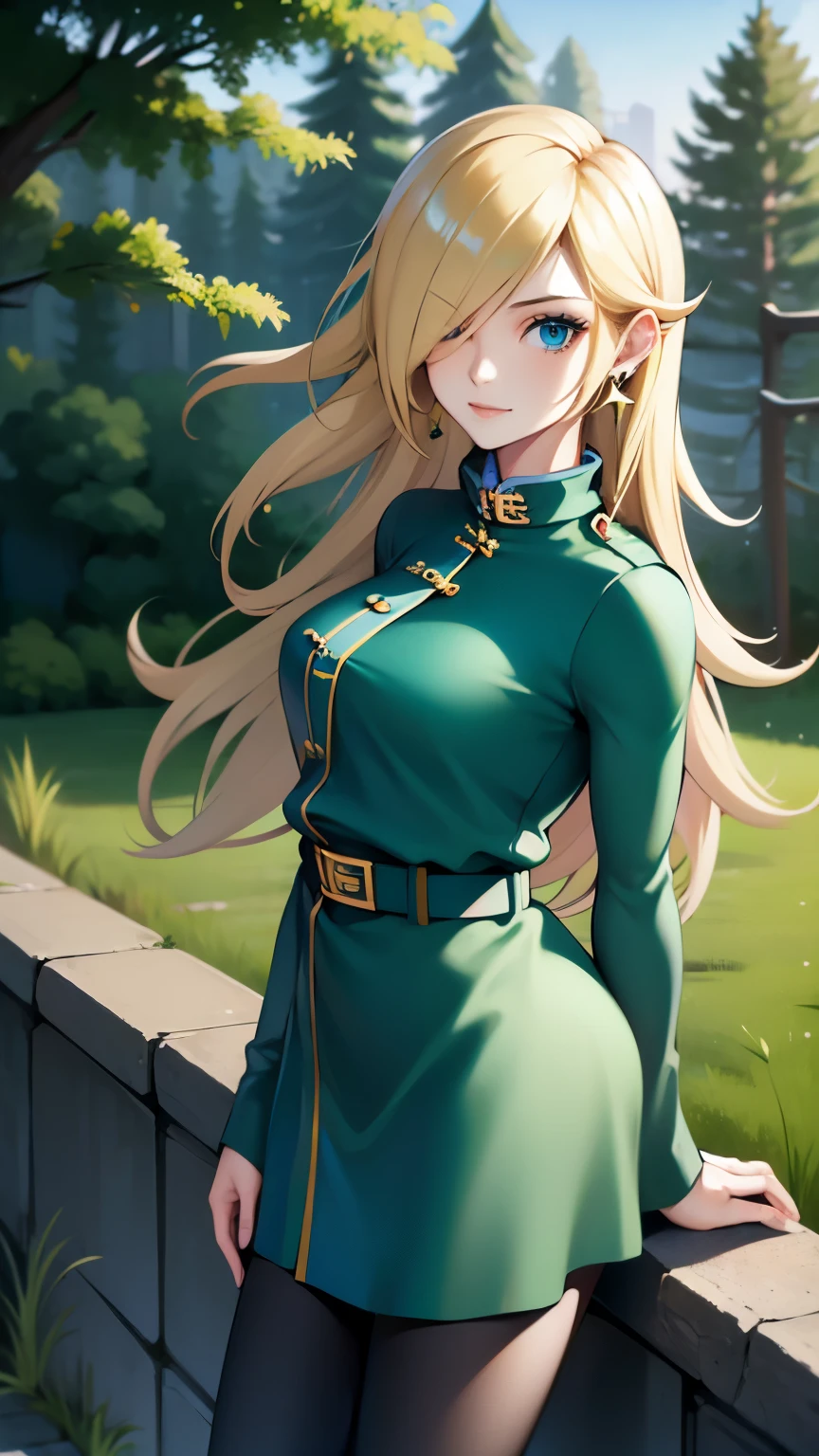 (work of art), best qualityer, expressive eyes, face perfect, high resolution, (female body:1.3),1 girl, standing alone, ootLink girl, ha, long hair, hair blonde, (green tunic), waist belt, gloves fingerless, booties, fild, gram, Trees, paisaje, depth of fild, smiling, Standing, portrait of upper body, gazing at viewer, from front,