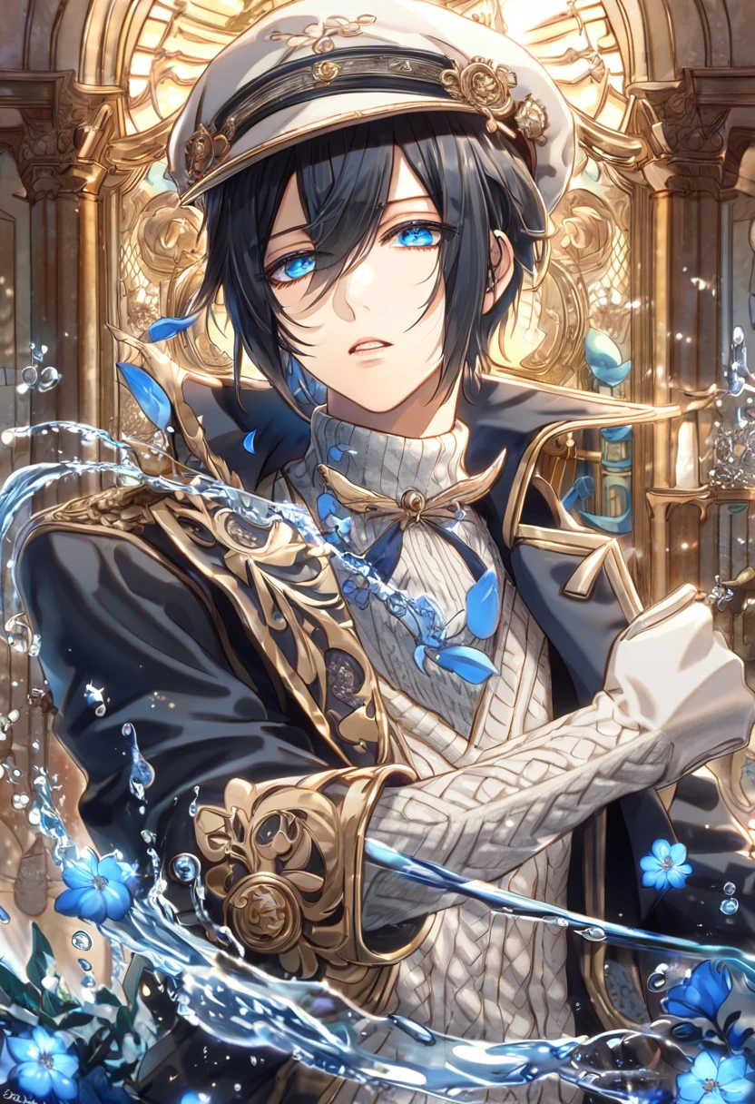 absurdres, highres, ultra detailed, HDR, master piece, best quality, extremely detailed, Yoite, black hair, expressive blue eyes, Nabari No Ou, solo, sexy man, handsome, black trench coat, white sweater, light beige color cap, light beige color gloves, magical, fantasy, glittering, sparkling, glass, blue flowers, blue petals, water, blue moon